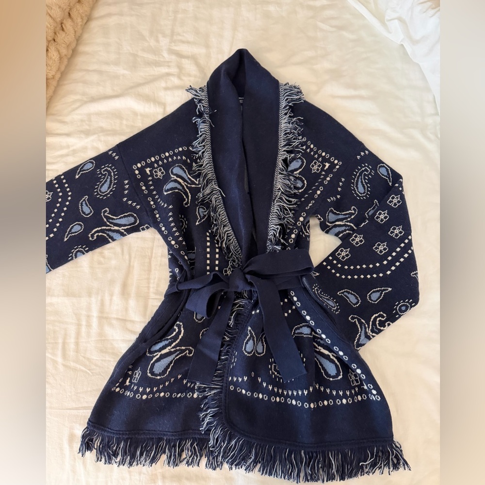 GAP Cotton-Blend Fringe Shawl Cardigan in Navy Blue - Size XS/S - Picture 3 of 5